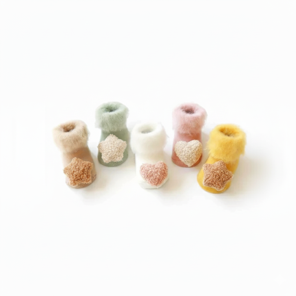 Set of five colorful baby booties with star and heart patterns on a white background